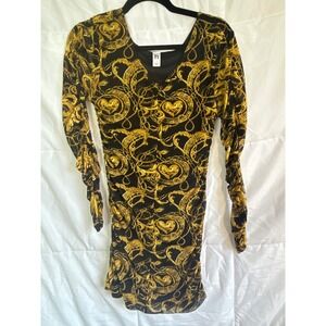 ITs Black Gold Baroque Print Long Sleeve Mesh‎ Bodycon Dress Size L